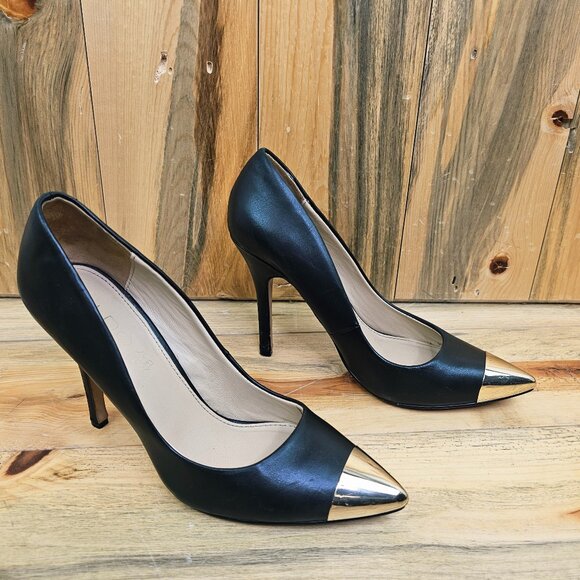 Aldo Essi Black Leather Pumps with Gold Toe Cap Size 8.5 - Picture 1 of 8
